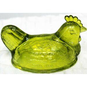 VTG Indiana Green Glass Hen Rooster Chicken Candy Dish Cover Lid Farm Country
